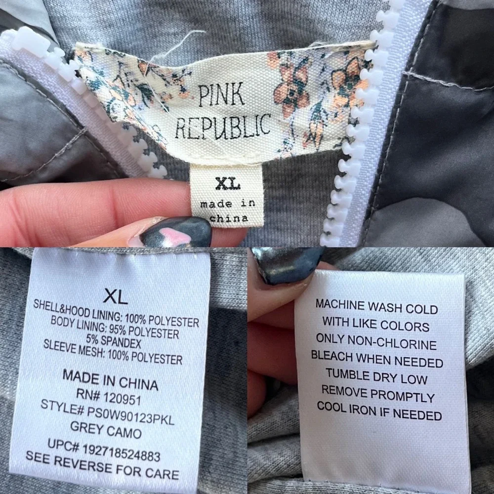 Pink Republic Womens XL Grey Camo Full Zip Hooded Lightweight Windbreaker Jacket